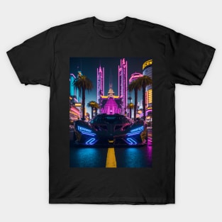 Dark Neon Sports Car in Beach Neon City T-Shirt